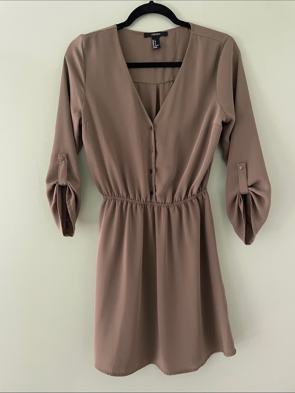 Forever 21 Olive-Colored Button-Front V-Neck Mini Dress